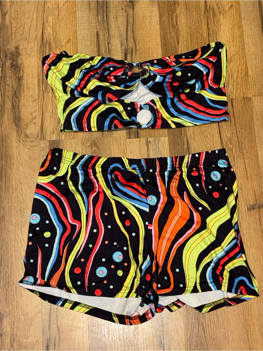 SHEIN Black Multicolor short Set with Bandeau Top & Swim Shorts